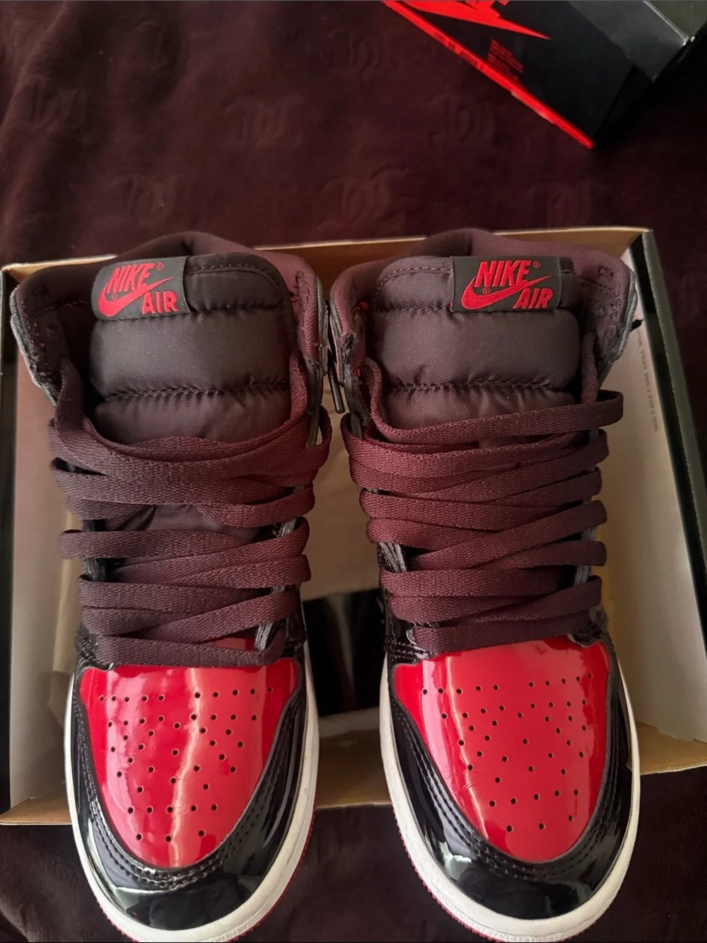 Nike Jordan 1s Patent Bred Black and Red Hightop Jordans